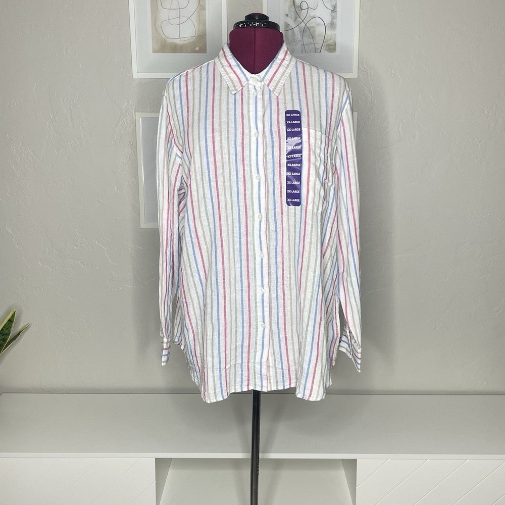 Gap Linen Button Down Top Womens XXL Multi Color Striped Long Sleeve‎ New